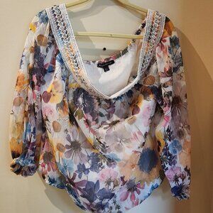 Boston Proper Open Top LS Floral Print Blouse with Sequins Size L PRE-OWNED